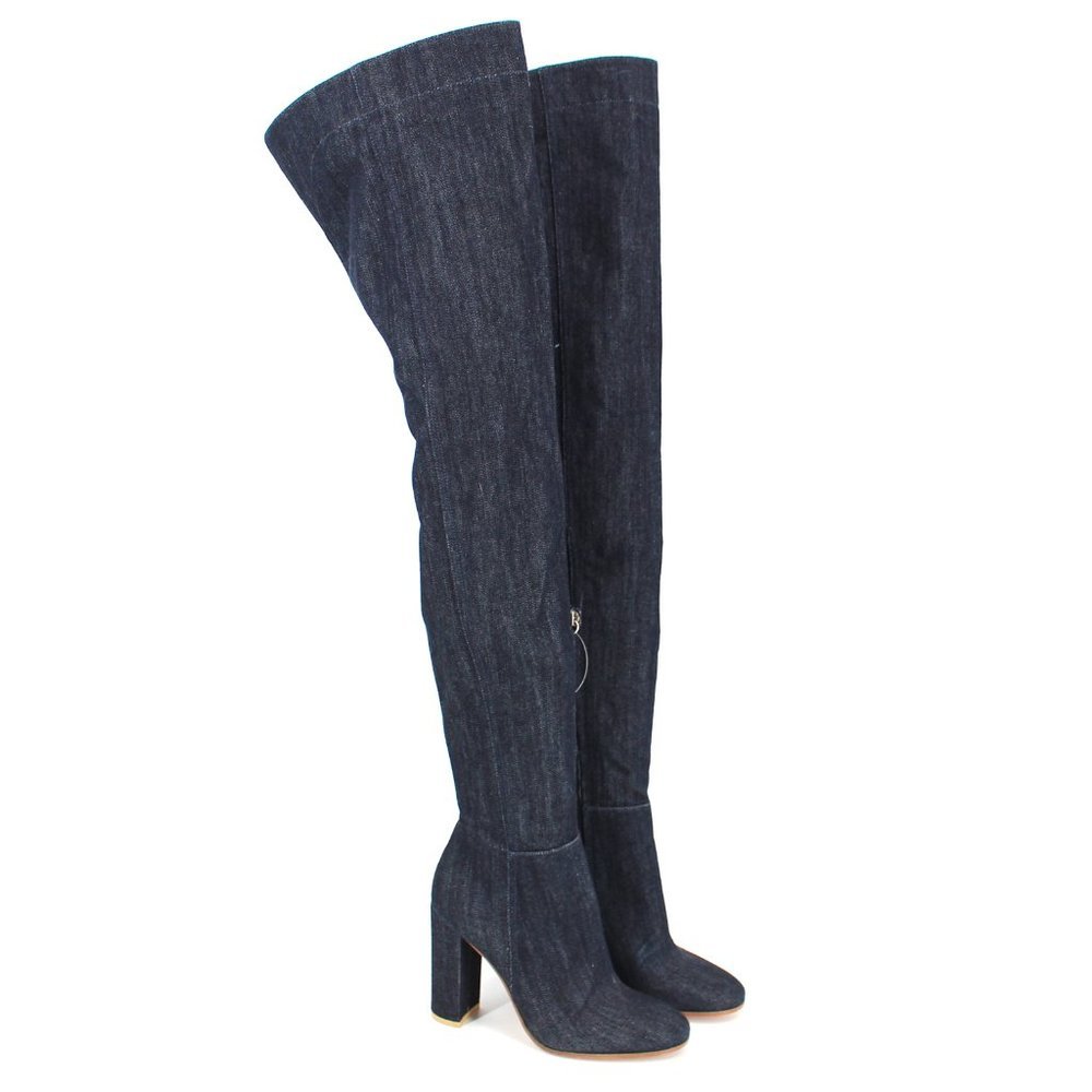NEW Gianvito Rossi Dark Denim Heeled Over The Knee Thigh Boots Round Toe 36 US 6